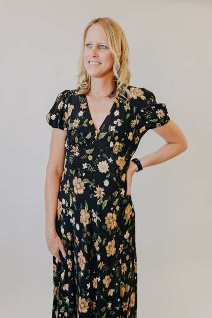Blu Pepper | Floral Puff Sleeve Midi Dress | Black Multi