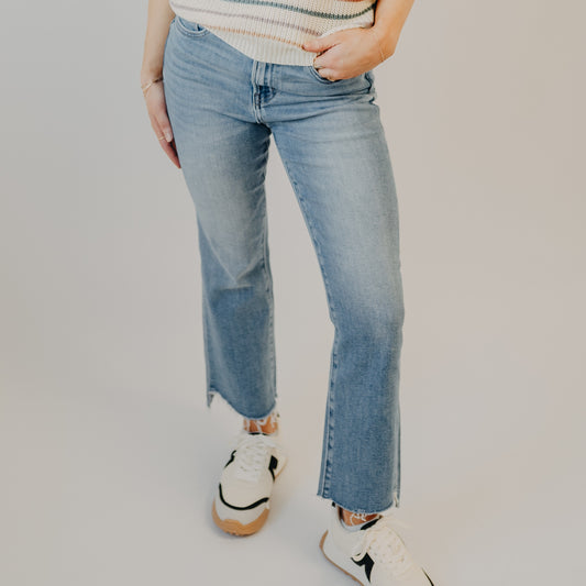 Flying Monkey | High Rise Raw Slant Hem Crop Flare | Cedar Lane