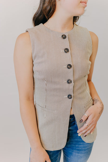 Blu Pepper | Pinstripe Denim Vest | Brown