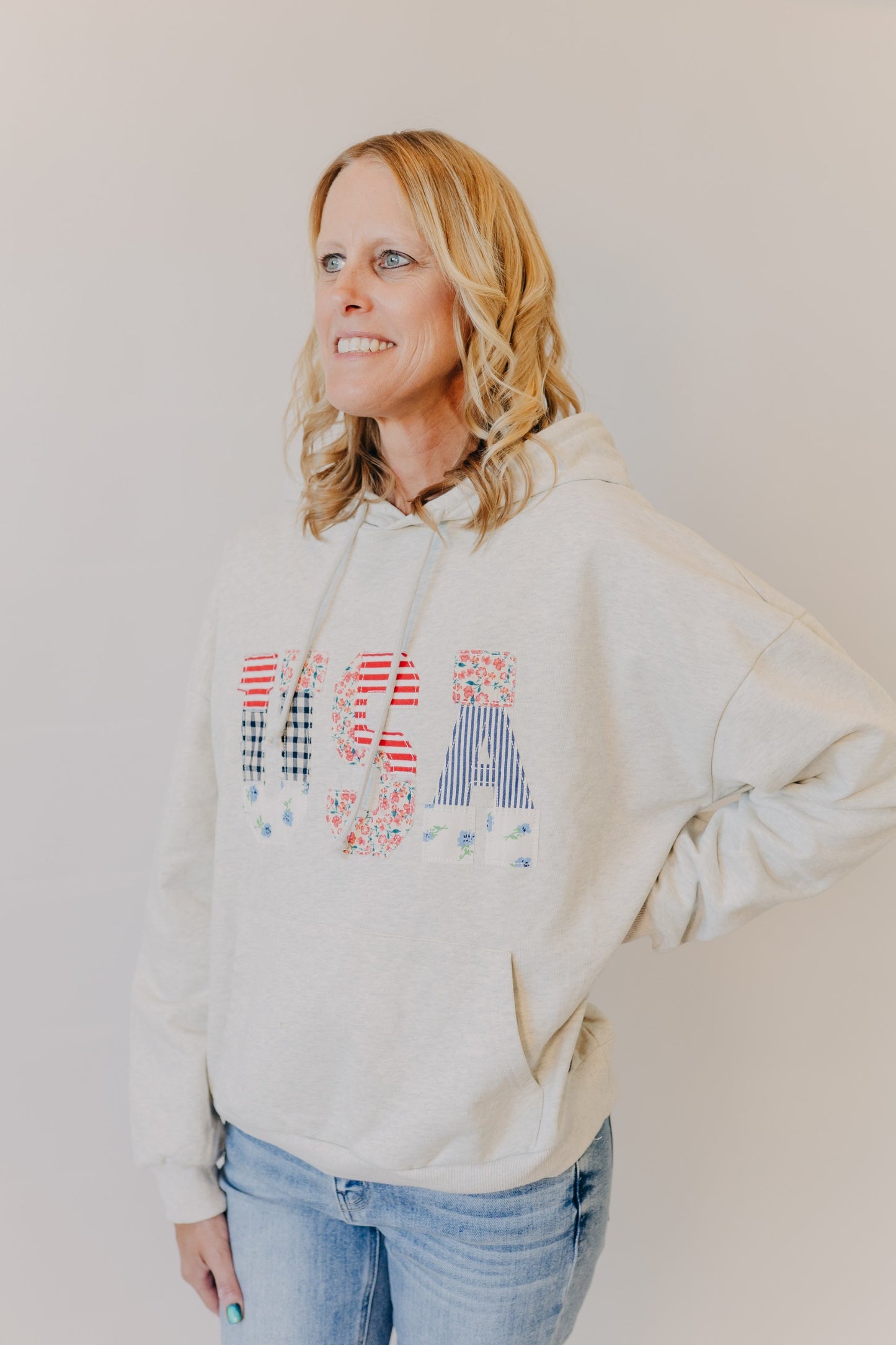 Miou Muse | USA Floral Patchwork Hoodie | Melange Grey