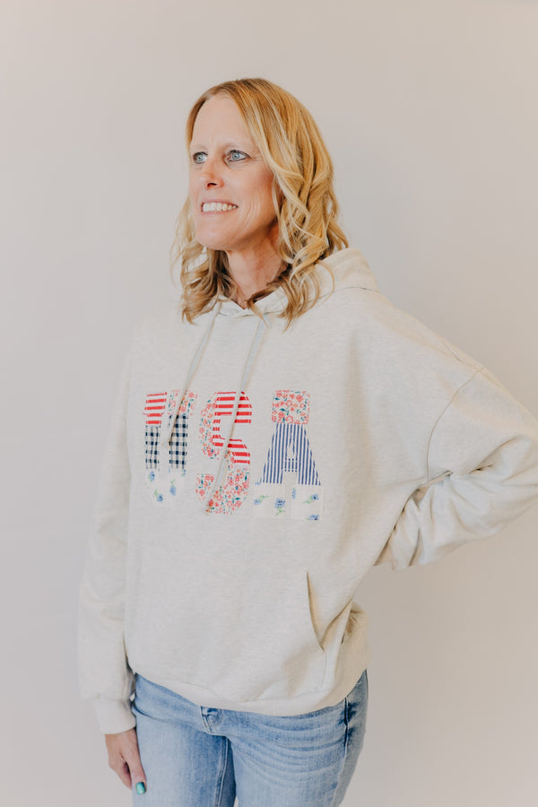 Miou Muse | USA Floral Patchwork Hoodie | Melange Grey