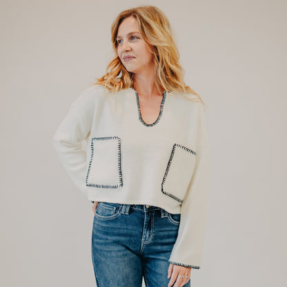 Blu Pepper | Contract Stitch Pocket Sweater | Ivory