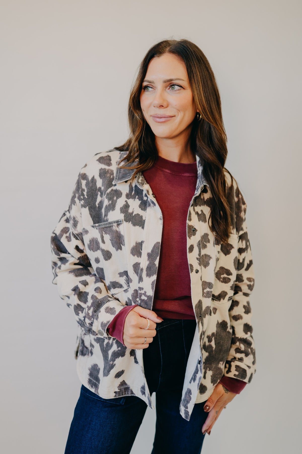 By Together | Rogue Cow Print Denim Jacket | Cream Chocolate
