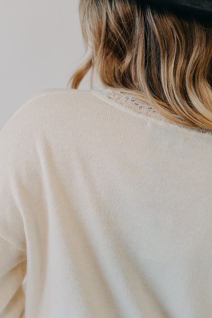 Miou Muse | Long Sleeve Lace Contrast Knit Top | Cream