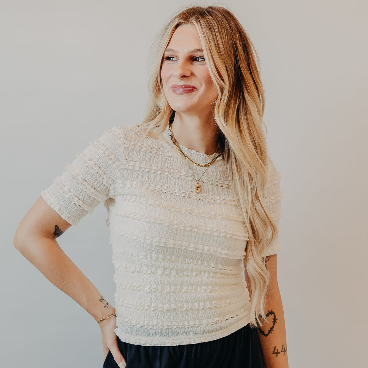 Gilli | Stripe Lace Half Sleeve Top | Cream
