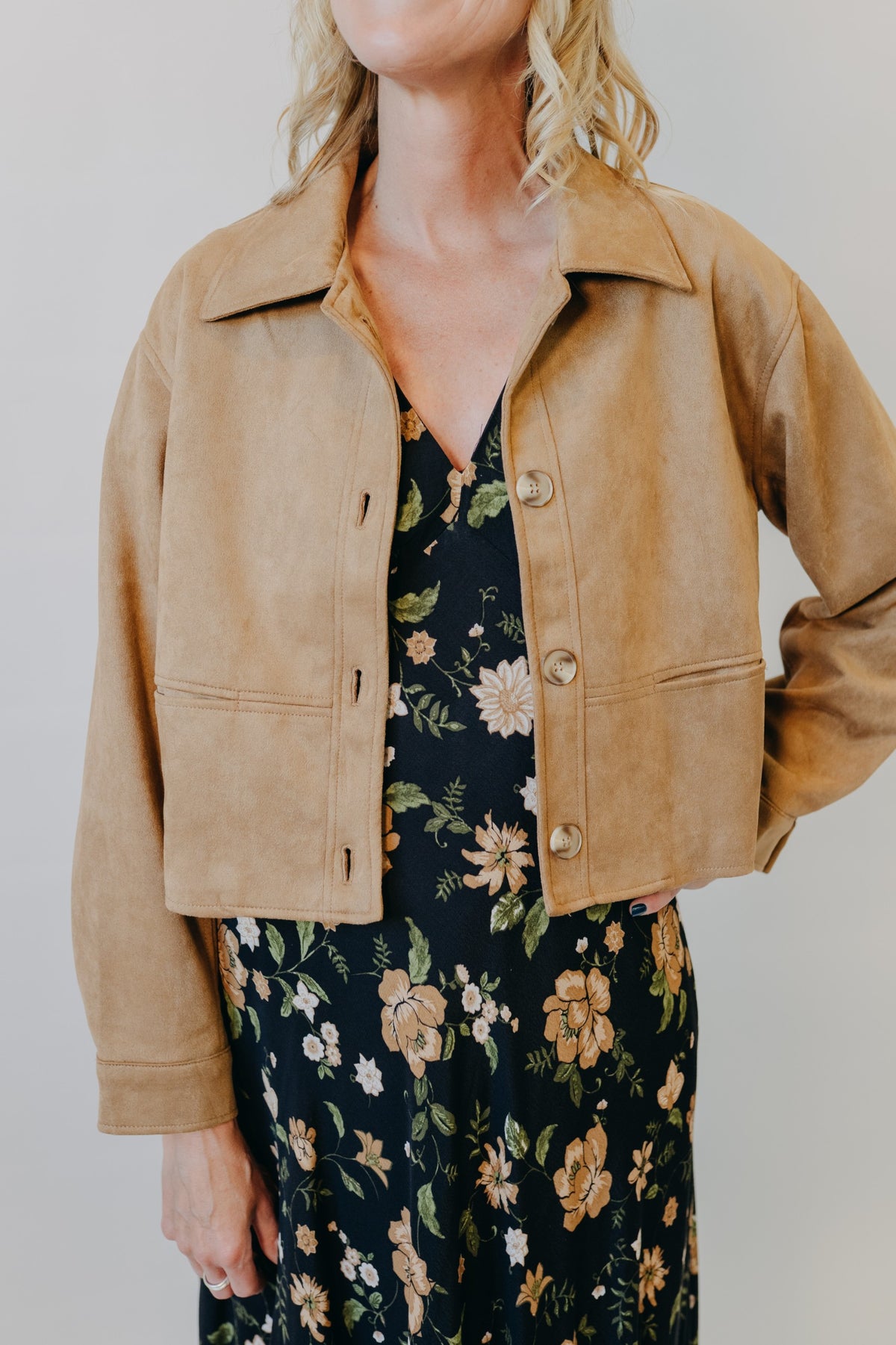 Blu Pepper | Suede Collared Crop Jacket | Camel