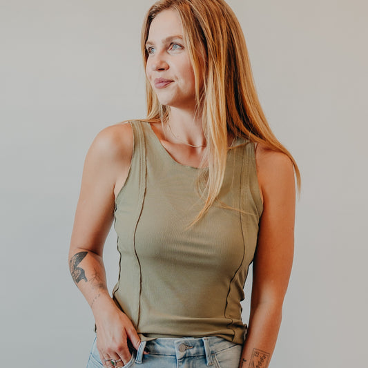 Doe & Rae | Soft Ribbed Lettuce Edge Tank | Sage Green