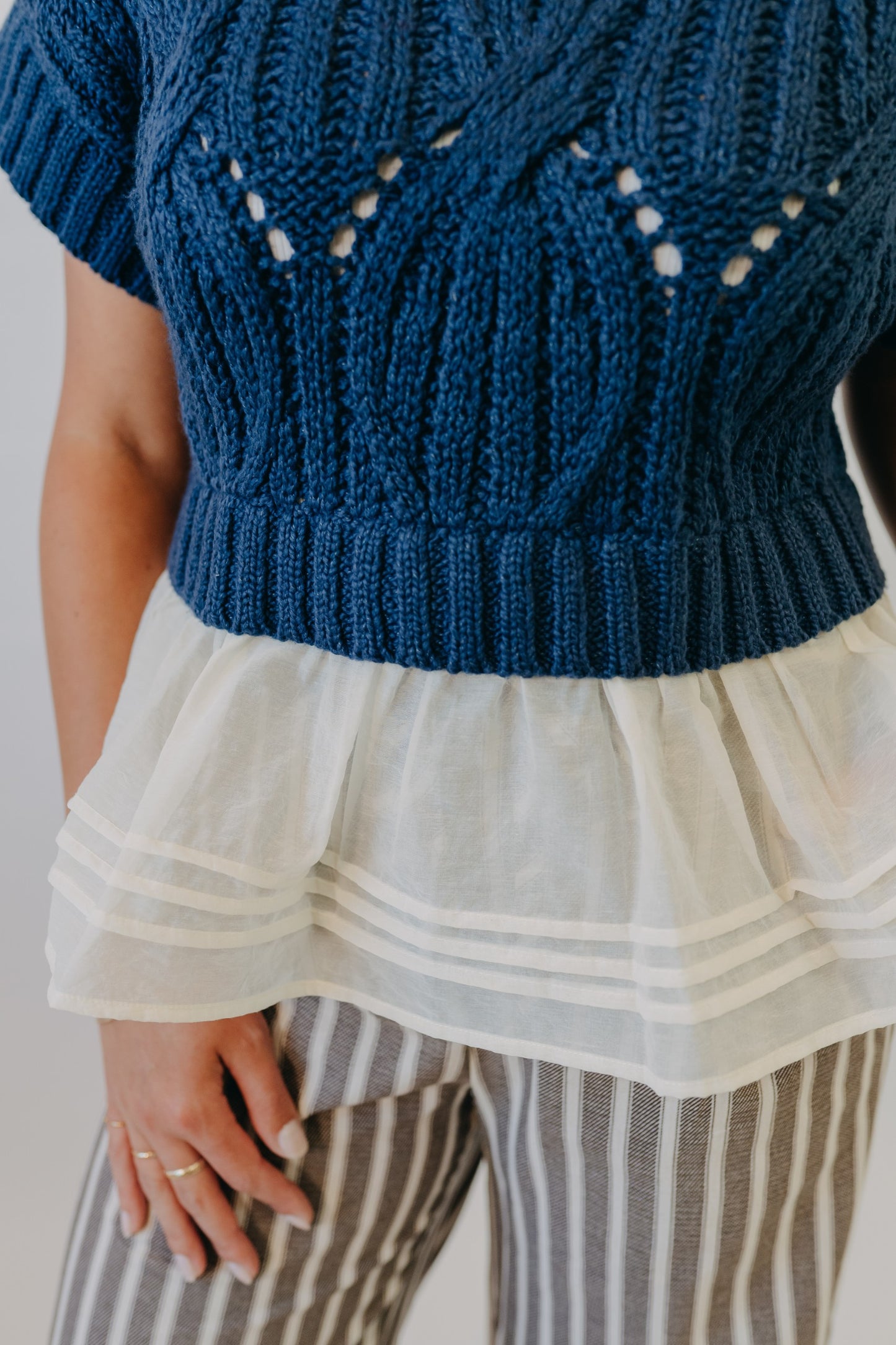 By Together | Cali Crochet Twofer Sweater | Navy Cream