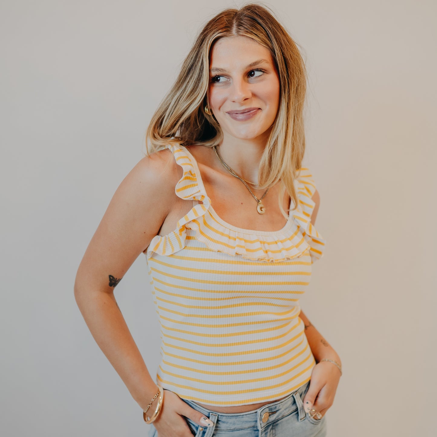 Doe & Rae | Stripe Square Neck Ruffle Tank | Off White Corn