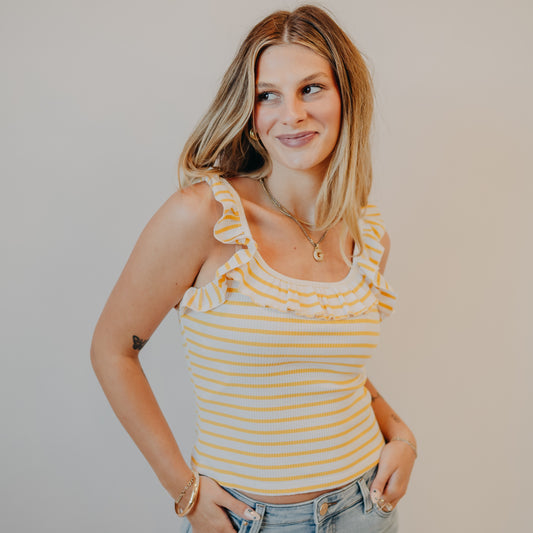 Doe & Rae | Stripe Square Neck Ruffle Tank | Off White Corn
