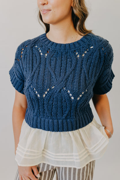 By Together | Cali Crochet Twofer Sweater | Navy Cream