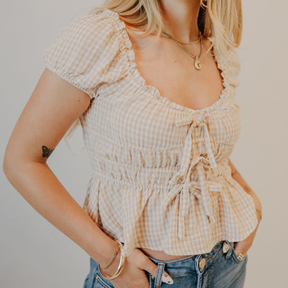 Blu Pepper | Gingham Bow Detail Shirred Top | Lt Khaki