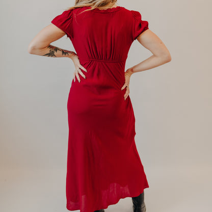 Blu Pepper | Puff Sleeve Lace Trim Midi Dress | Red