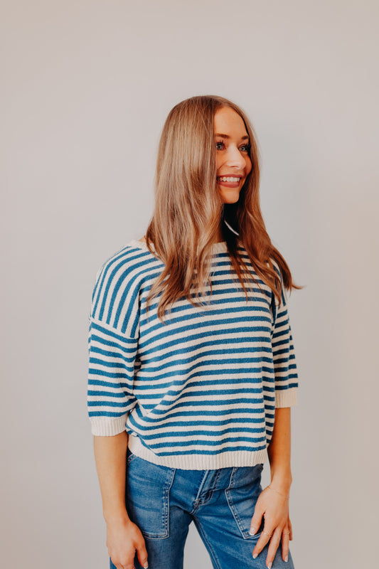 Blu Pepper | Striped Contrast Trim Knit Sweater | Blue
