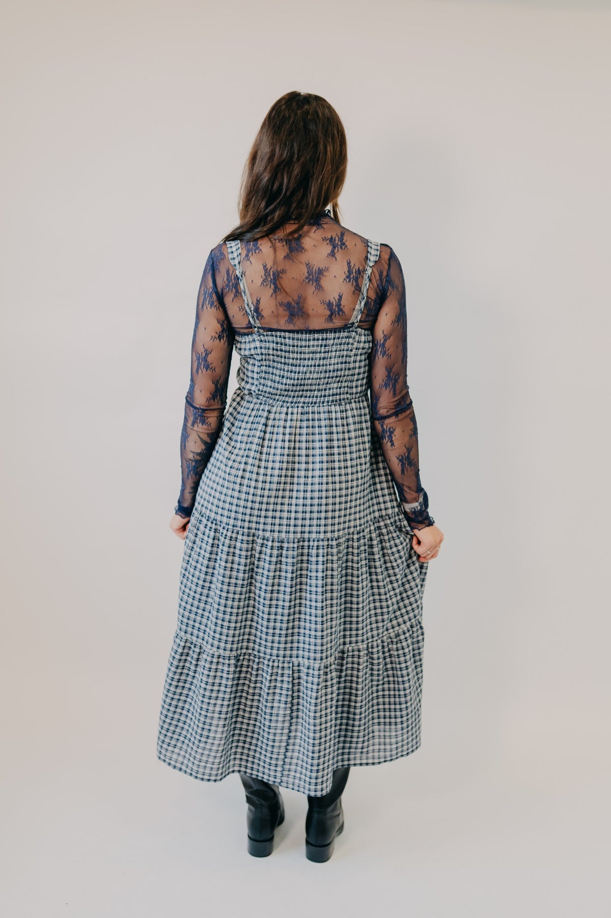 Blu Pepper | Plaid Corset Tiered Midi Dress | Navy