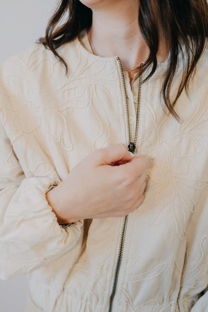 Miou Muse | Floral Jacquard Zip Up Jacket | Ecru