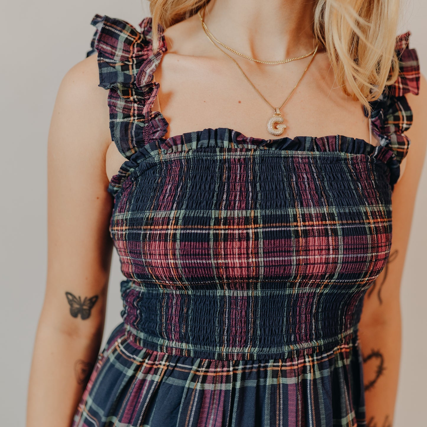 Blu Pepper | Plaid Smoked Tiered Midi Dress | Navy Multi