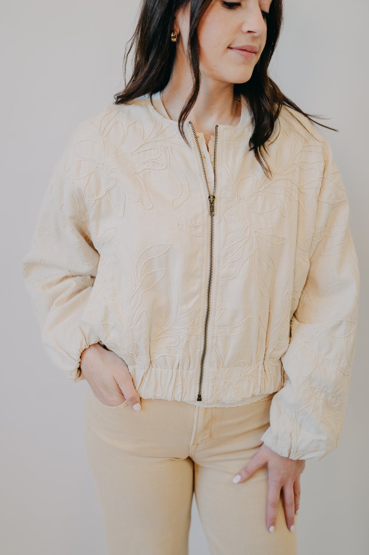 Miou Muse | Floral Jacquard Zip Up Jacket | Ecru