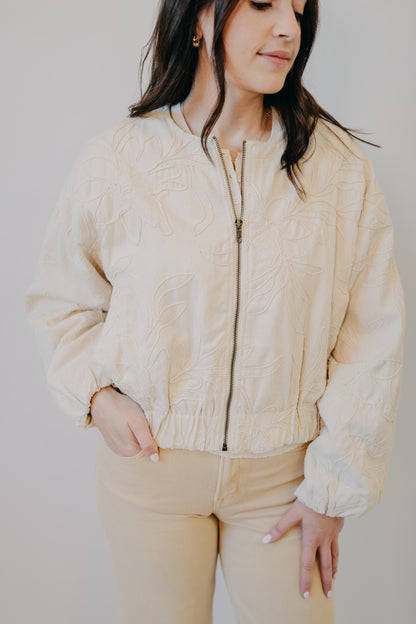 Miou Muse | Floral Jacquard Zip Up Jacket | Ecru