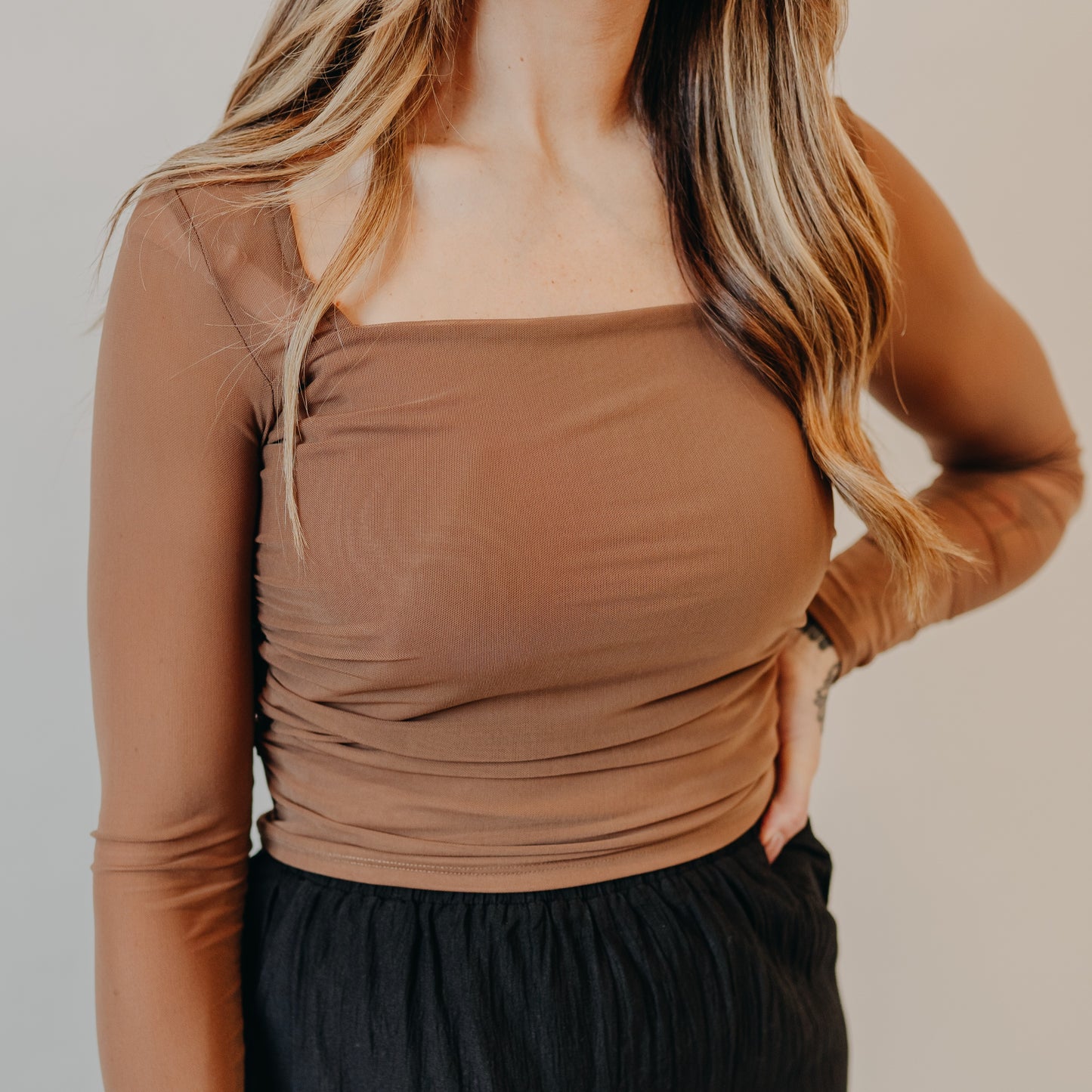 Blu Pepper | Ruched Waist Square Neck Top | Brown