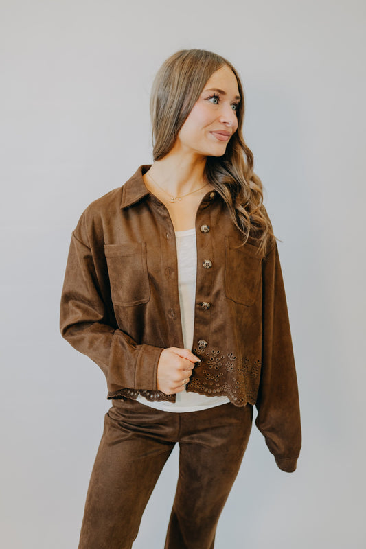 Hem & Thread | Faux Suede Embroidered Hem Jacket | Chocolate