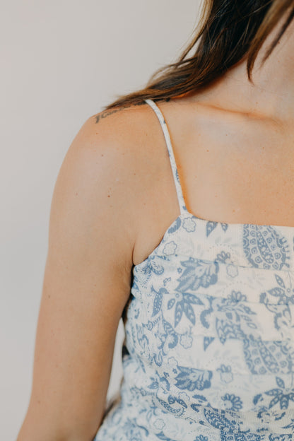 Doe & Rae | Pleated Torso Fit Flare Mini Dress | Ivory Denim