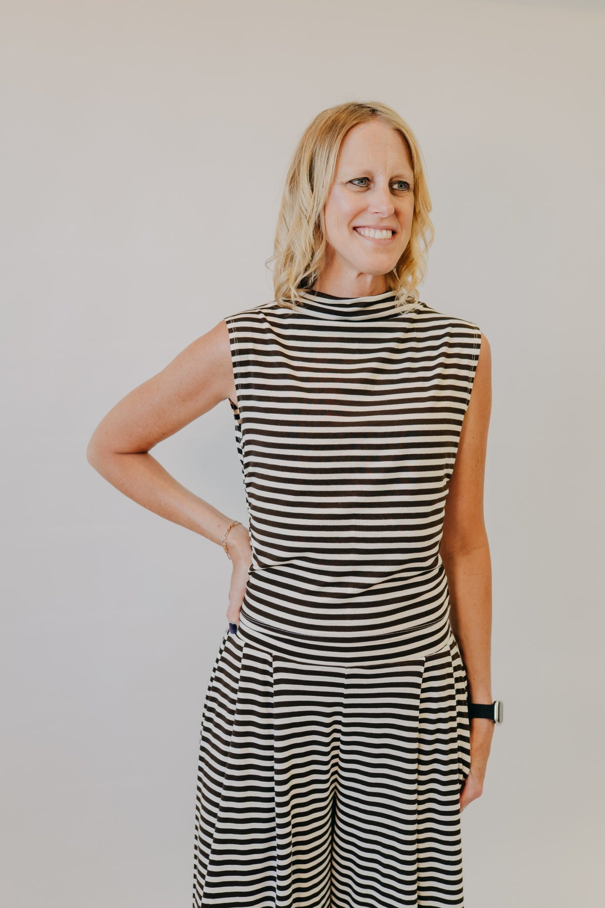 By Together | Fine Line Sleeveless Knit Top | Cream Brown