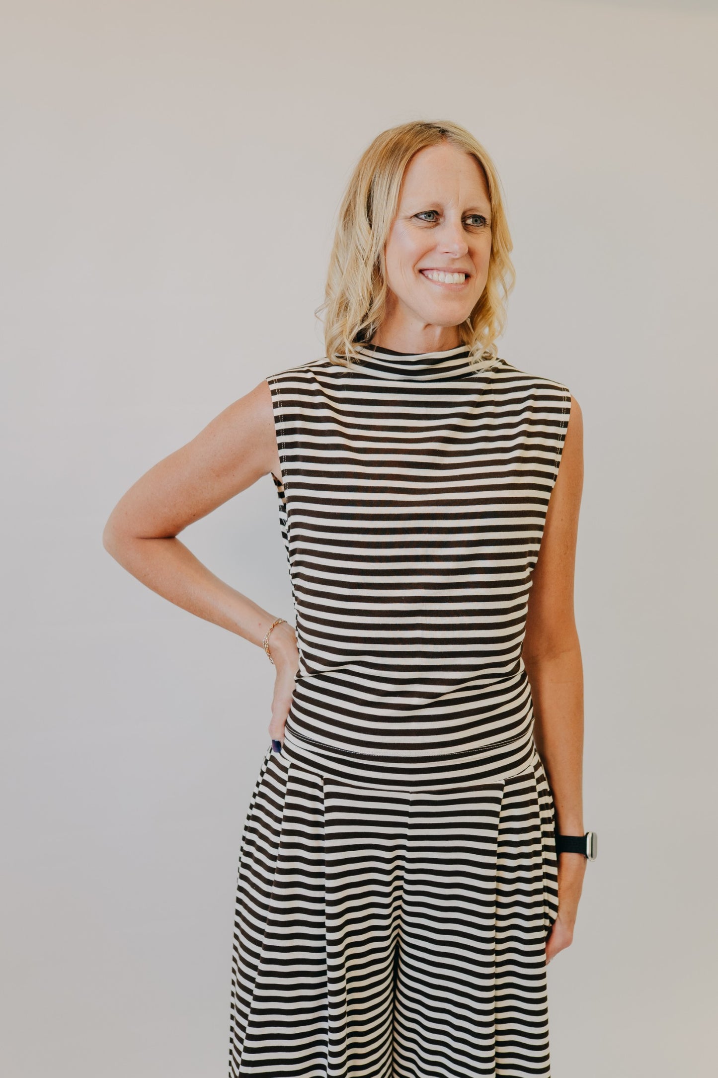 By Together | Fine Line Sleeveless Knit Top | Cream Brown