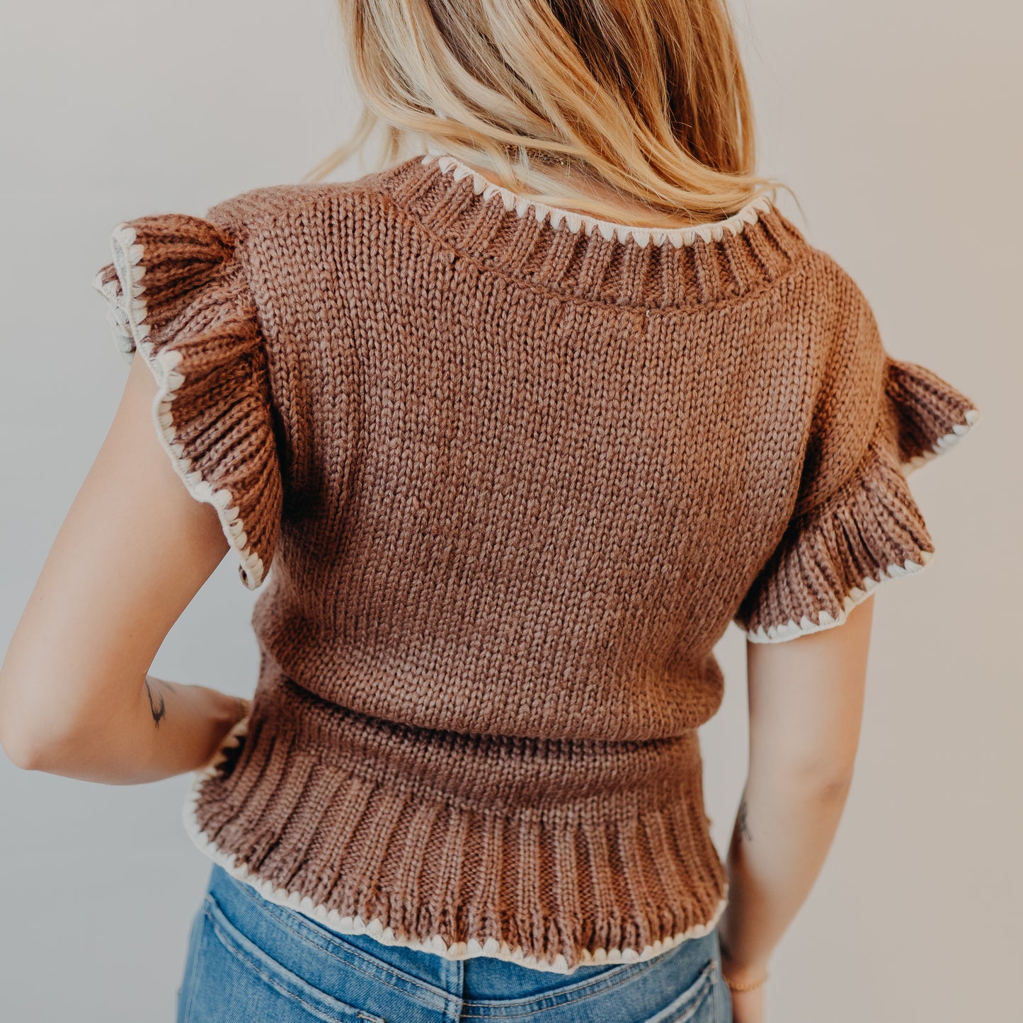 Blu Pepper | Crochet Floral Ruffled Cardigan | Brown