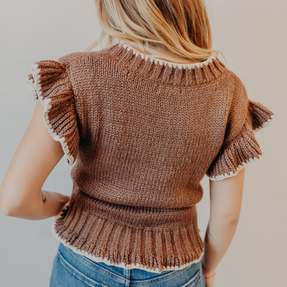 Blu Pepper | Crochet Floral Ruffled Cardigan | Brown