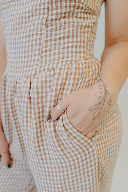 Miou Muse | Gingham Tie In Back Jumpsuit | Brown
