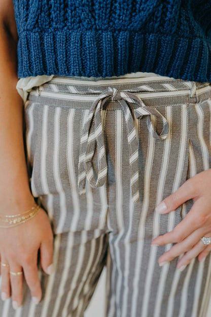 Blu Pepper | Stripe Waist Tie Linen Blend Pants | Dark Brown