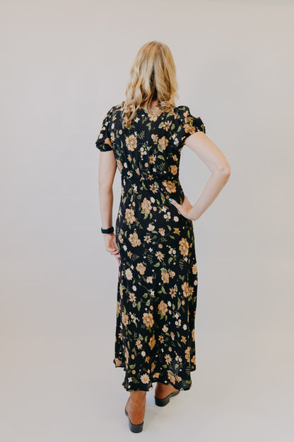 Blu Pepper | Floral Puff Sleeve Midi Dress | Black Multi