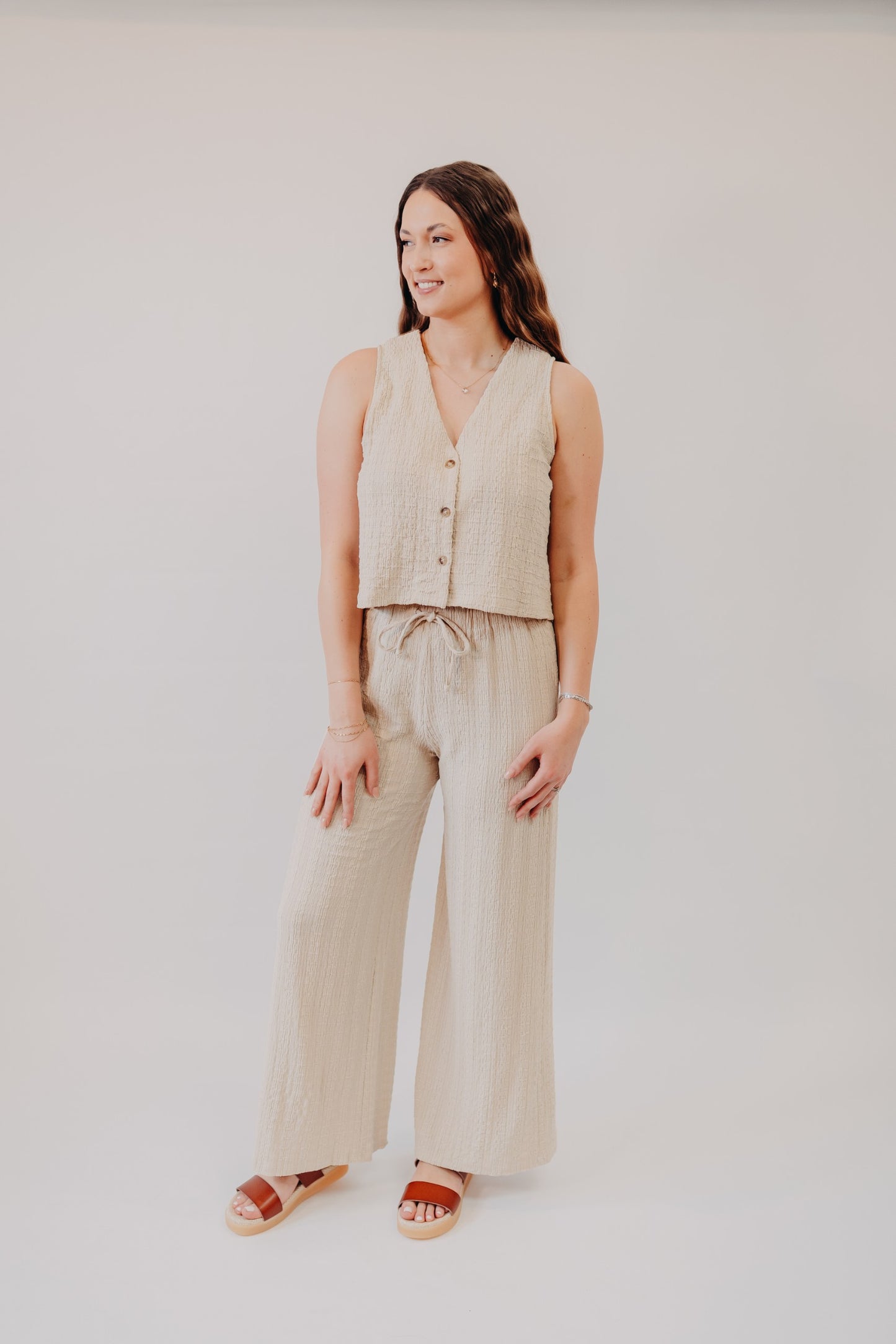 Miou Muse | Crinkled Fabric Button Up Top | Tan