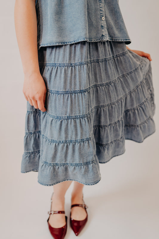 Doe & Rae | Tencel Chambray Midi Skirt | Med Denim