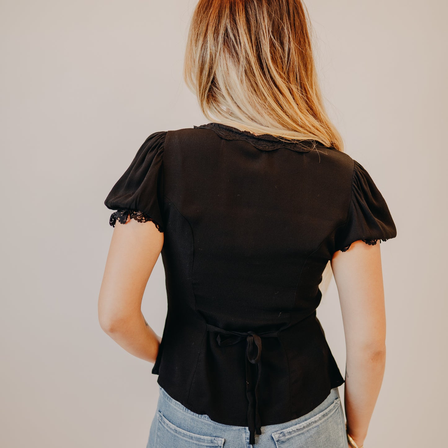Blu Pepper | Lace Trim Puff Sleeve Blouse | Black