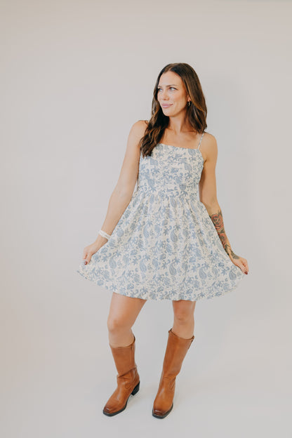 Doe & Rae | Pleated Torso Fit Flare Mini Dress | Ivory Denim