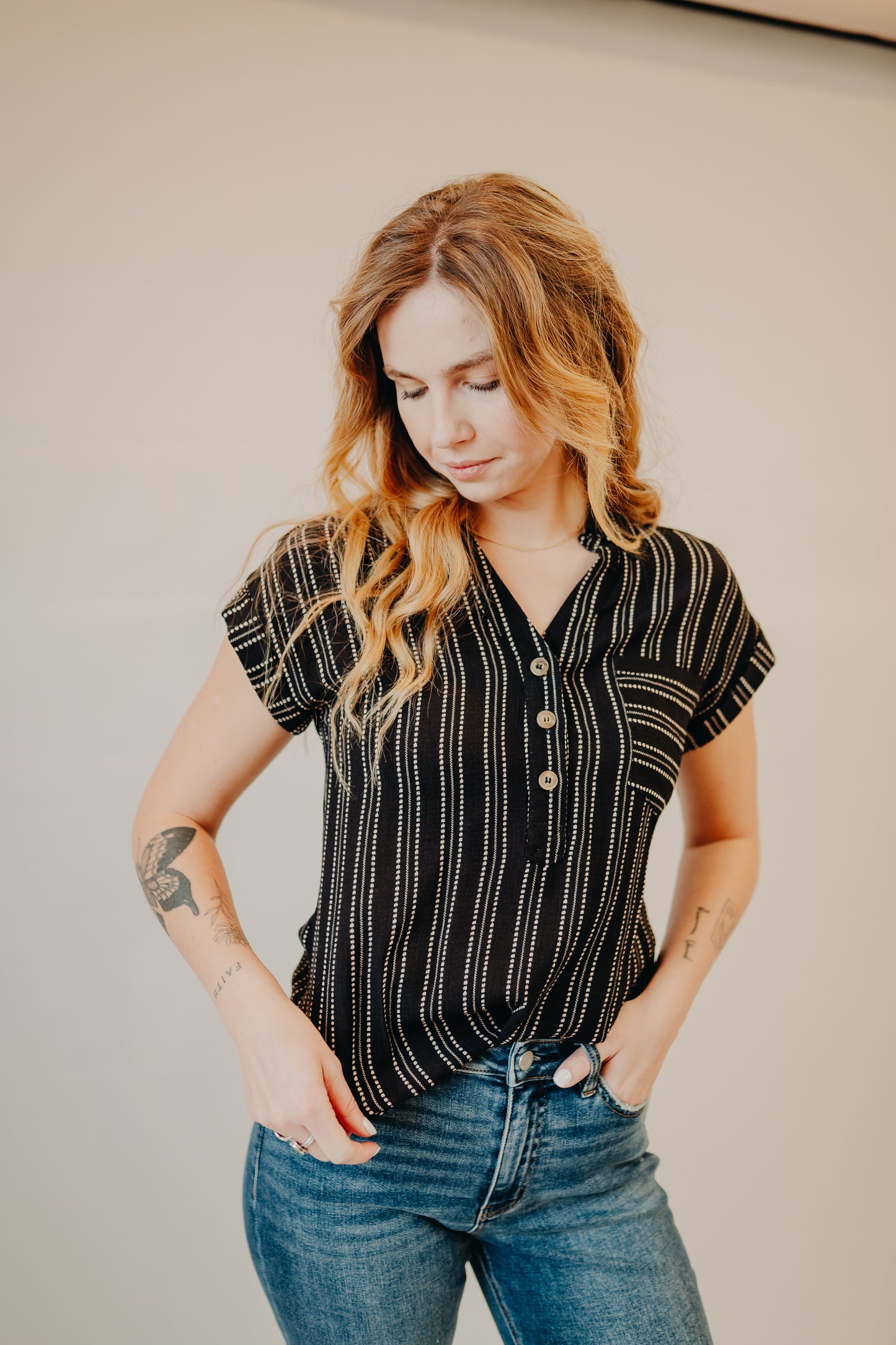 Blu Pepper | Striped Collared Top | Black