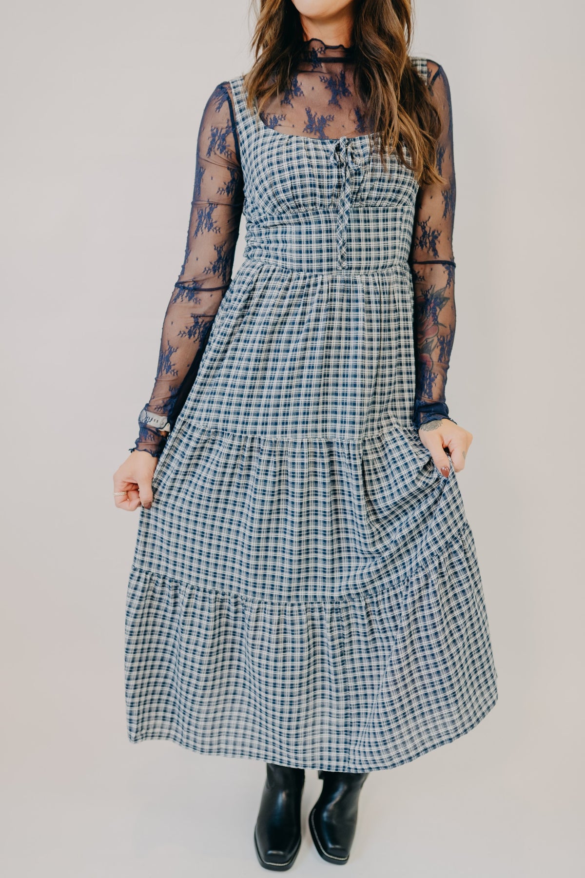 Blu Pepper | Plaid Corset Tiered Midi Dress | Navy