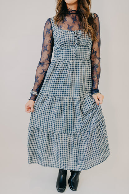 Blu Pepper | Plaid Corset Tiered Midi Dress | Navy