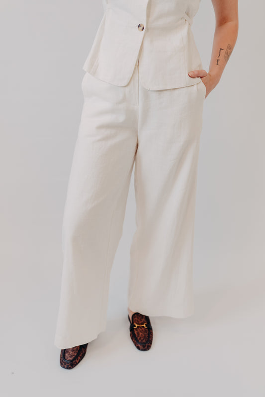 Miou Muse | Wide Leg Linen Trousers | White