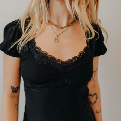 Blu Pepper | Puff Sleeve Lace Trim Midi Dress | Black