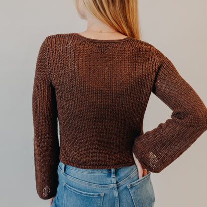 Blu Pepper | Bell Sleeve Crochet Cardigan | Brown