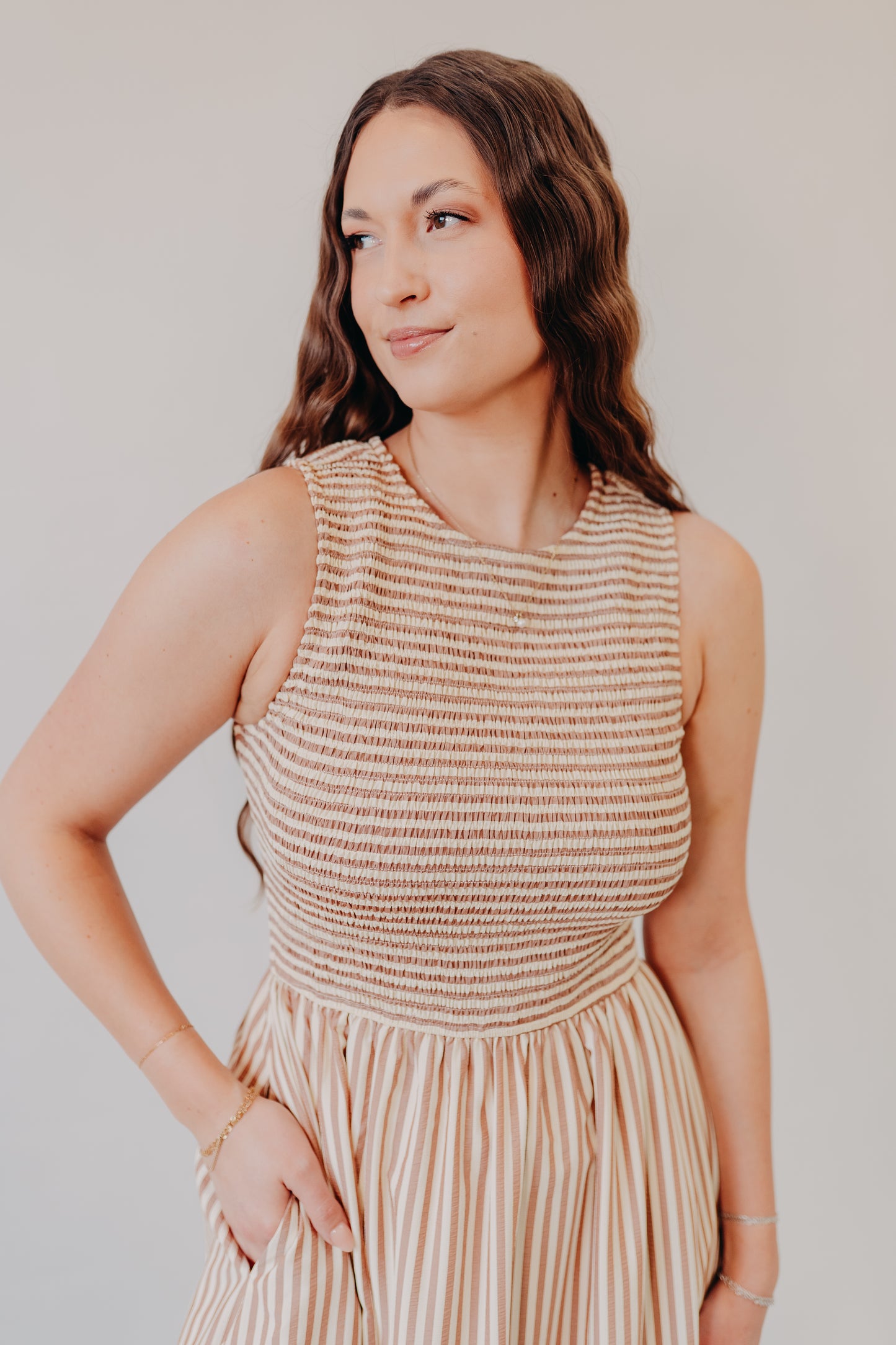 Miou Muse | Striped Smocked Top Dress | Brown