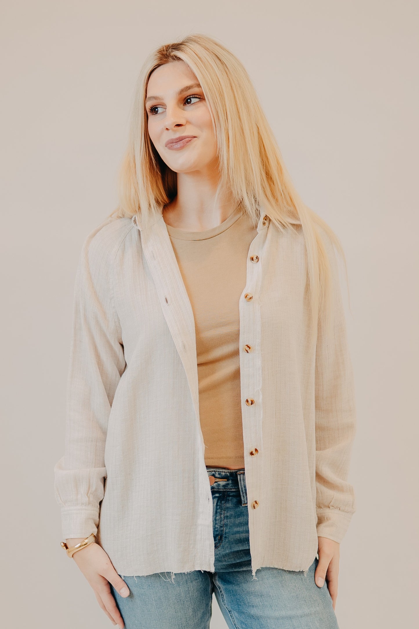 Staccato | Raglan Button Down Striped Top | Taupe