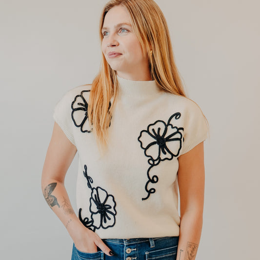 Blu Pepper | Floral Trim Sweater | Cream