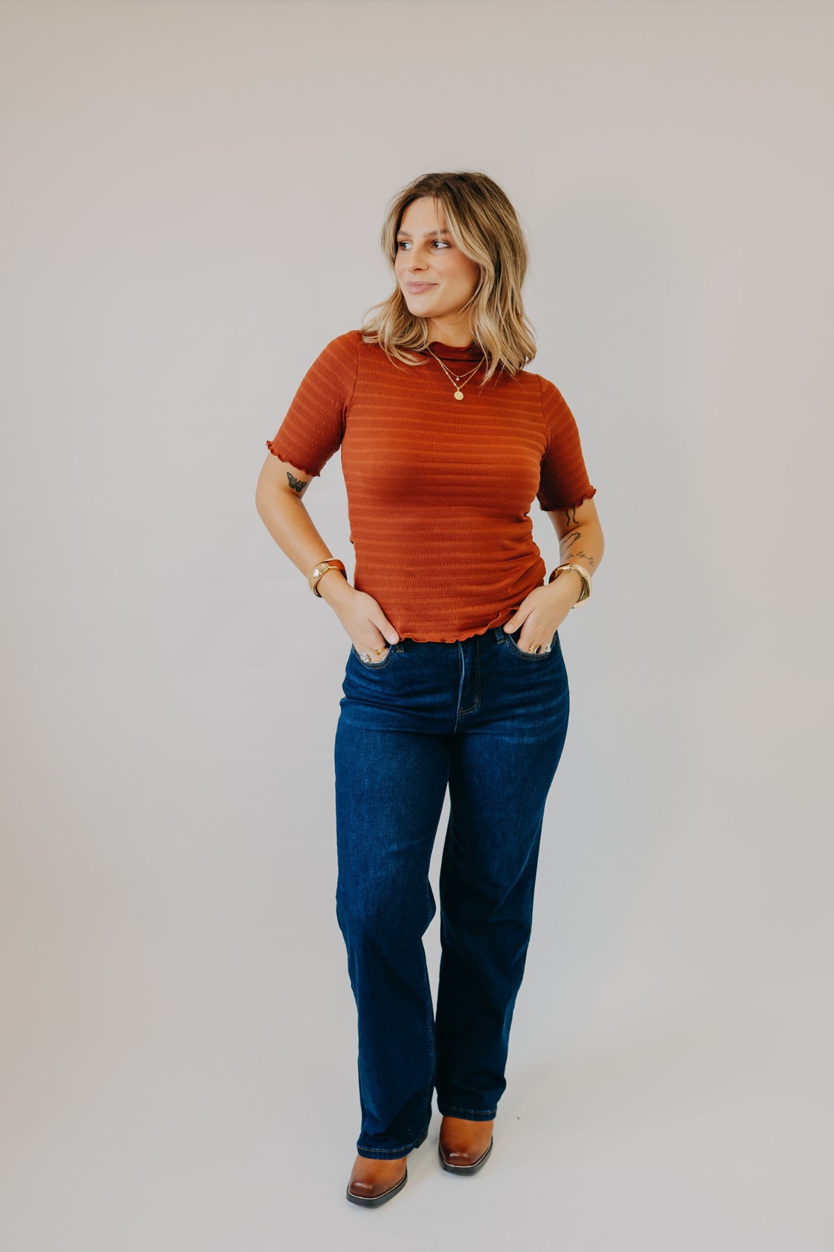 Wishlist | Ribbed Lettuce Edge Top | Rust