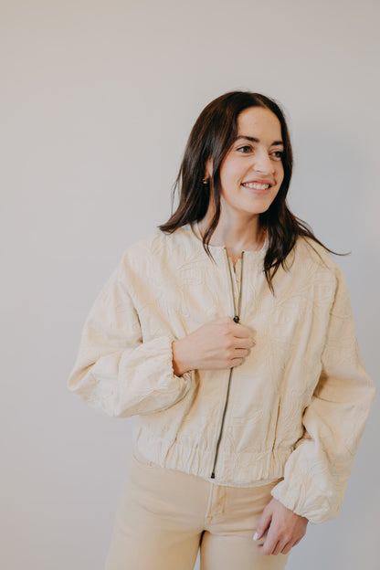 Miou Muse | Floral Jacquard Zip Up Jacket | Ecru