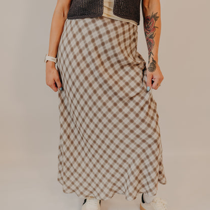 Blu Pepper | Plaid High Waist Midi Skirt | Lt Khaki
