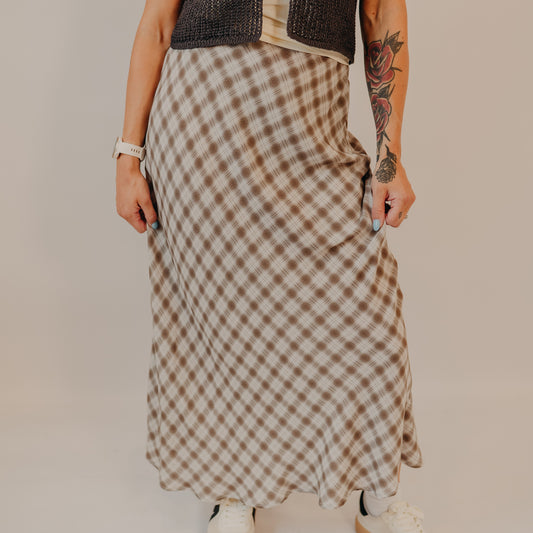 Blu Pepper | Plaid High Waist Midi Skirt | Lt Khaki